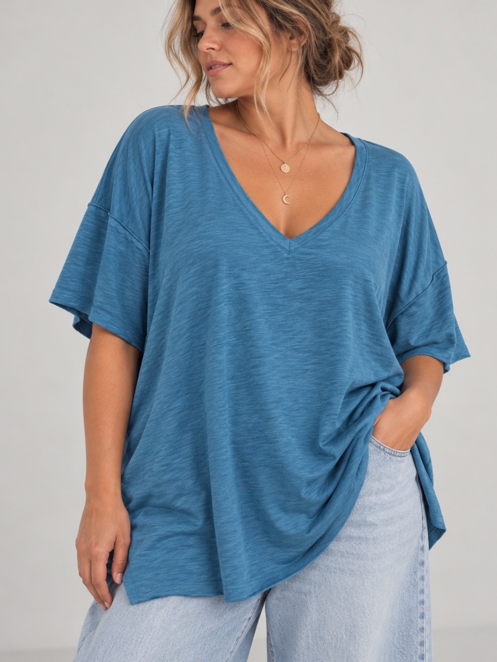 Torrid Blue Slub Knit Tee 2X 100% Cotton Oversized Relaxed V Neck Coastal Comfy